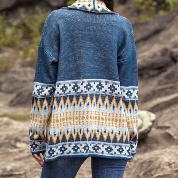 Blue Mustard Tribal Print Open Front Cardigan - Picture 5 of 6
